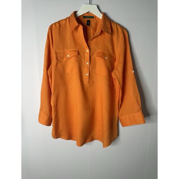 Lauren Ralph Lauren Tops - Lauren Ralph Lauren Orange Linen Button Down Popover 3/4 Sleeve Top Womens Sz L